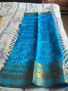 Vibrant Blue and Golden Border Blouse Piece