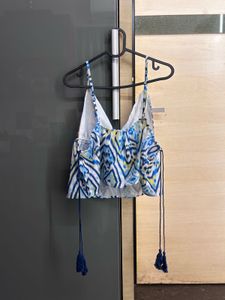 Blue &amp; White Print Tassel V Cut Crop Top
