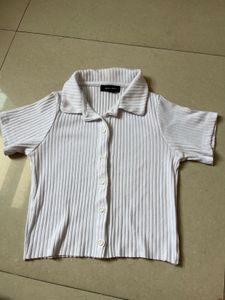 White Ribbed Button-Up Top