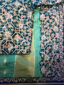 Embroidered Teal Indian Saree with Blouse