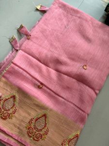 Pink Linen Saree with Embroidered Border