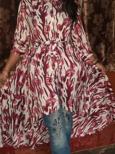 Stylish Maroon &amp; White High- Low Flared Shirt Dres