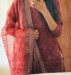 maroon florel kurta 3 pcs set