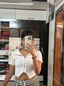 White Ruched Zip-Up Crop Top
