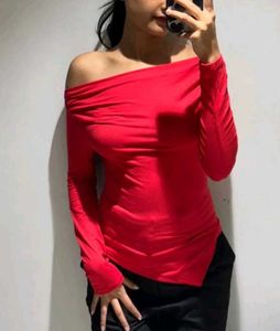 Red Off-Shoulder Long Sleeve Top