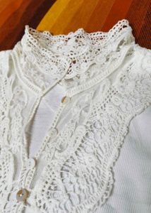 Women White Lace Neck Design Cotton Casual Top