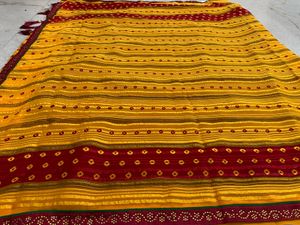 Yellow &amp; Red Print Saree