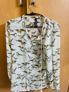 Charming Bird Print Sheer V-Neck Blouse Top