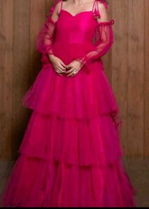 Hot Pink Tulle Tiered Gown