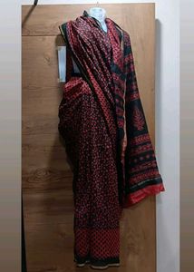 Elegant Black&Red Printed Saree With Golden Border