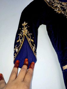 Blue Velvet Embellished Dress With Duppta