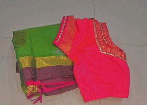 Green &amp; Pink Saree with Blouse
