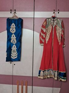 Red &amp; Blue Embroidered A-Line Suit