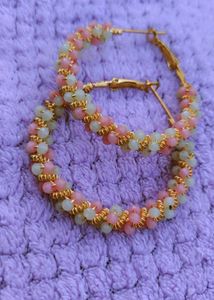 Pink & Green Beaded Hoop Earrings
