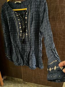 Navy Polka Dot Blouse with Embroidery