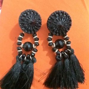 Black Beaded Tassel Earrings