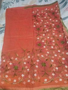 Peach Floral Embroidery Saree