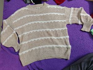 Beige Striped Knit Sweater