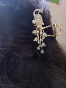 Peacock Golden With Pearl Beads Metal Hair Claw
