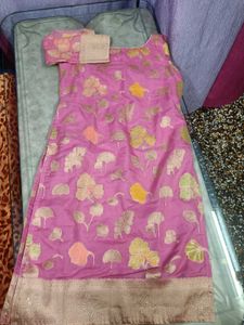 Pink Floral Banarasi Kurta With Bottom