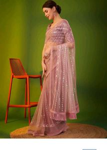 Elegant Party Wear Sequin Pink Net Saree