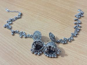 Oxidized Silver Jhumka Earrings with Chain