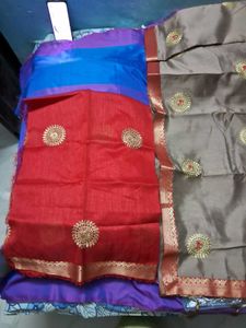 BrandNew Biege TussarSari with Red&amp;Gold Embroidery