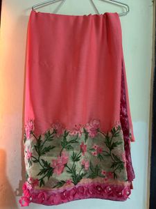 Coral Floral Embroidered Sari