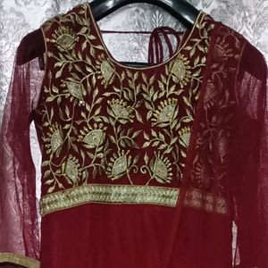 Elegant Maroon &amp; Gold Anarkali Dress