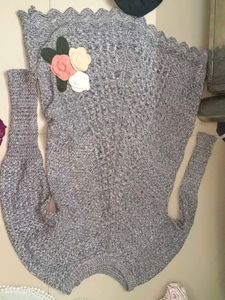 Gray Knit Sweater with Floral Applique