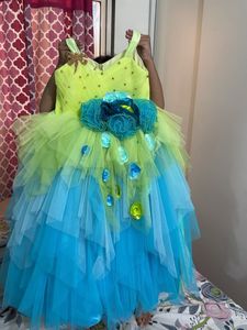 Lime Green And Sea Blue Asymmetrical Layered Gown