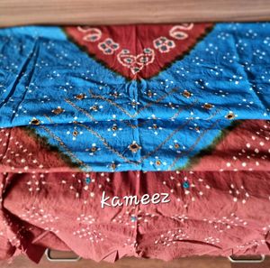 Unstitched Blue Brown Bandhni 3pc Salwar Kameez