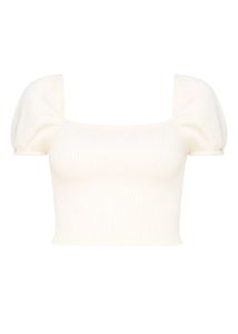 Cream Ribbed Puff Sleeve Top