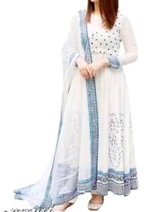 White Printed Anarkali Kurti Set