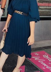 Teel Blue Puff Sleeves Dress💙with Belt