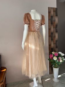 vintage puffed sleeves shimmery gown with beads