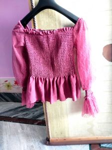 Mauve Polka Dot Smocked Blouse Top