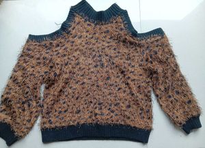 Cold Shoulder Fuzzy Leopard Print Sweater