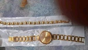 Watch And Bracelet Combo- Golden