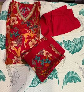 3 Piece: Floral Print Kurta Pant Dupatta Set Women