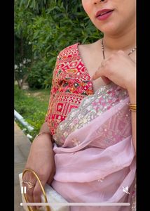 Organze Baby Pink Saree With Rani Blouse