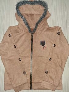 Faux Fur Trim short Hoodie in tan color