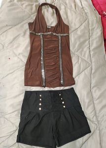 Brown Halter Top & High-Waisted Shorts Set
