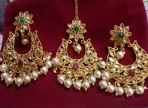 💥🆕️ Kundan & Pearl Chandbali And Maangtika Set