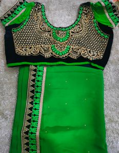 Green Georgette Saree With Velvet Blouse