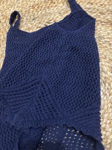 Navy Blue Cable Knit Self Design Crop Pullover Top