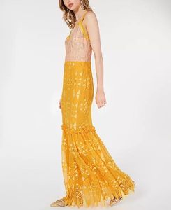 FOXIEDOXTwo-tone Crochet Maxi Gown In Yellow/ivory