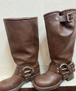 Brown Knee High Biker Boots