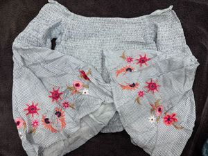 Guess Striped Floral Embroidered Off Shoulder Top