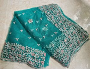 Embroidery Aqua Green Net Saree With Sequins 🫧